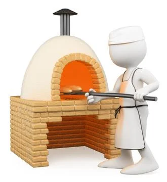 3d white people. baker making bread in the oven Stock Illustration