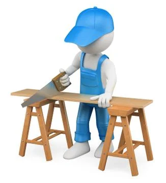 3d white people. carpenter cutting wood with a handsaw Stock Illustration