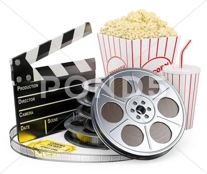 3d white people. cinema clapper film reel drink and popcorn Stock Illustration