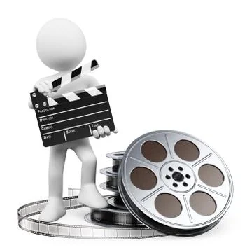 3d white people. clapper board and film reel Stock Illustration