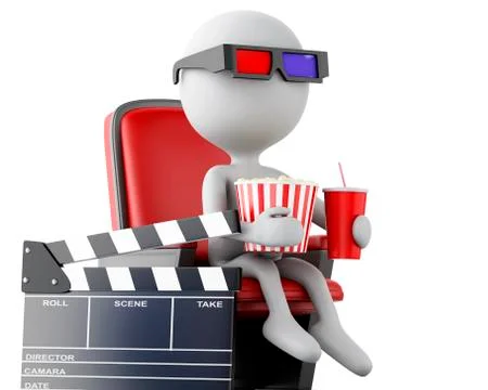 3d white people with clapper board, popcorn and drink. Stock Illustration