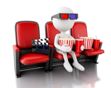 3d white people with clapper board, popcorn and drink. Stock Illustration