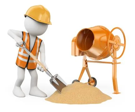 3d white people. construction worker with a shovel and a concrete mixer Stock Illustration