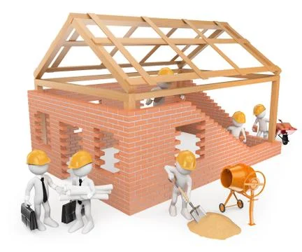 3D white people. Construction workers building a house Ilustración de archivo