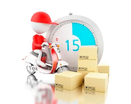 3d White people delivering boxes with motorbike on time Stock Illustration