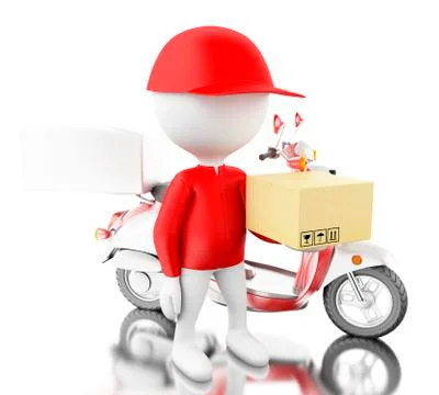 3d White people delivering boxes with motorbike on time Illustrazione stock