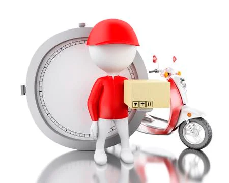 3d White people delivering boxes with motorbike on time Ilustración de archivo