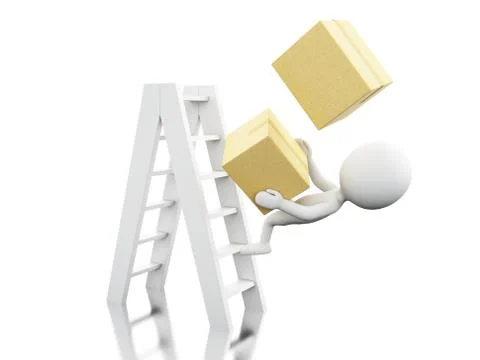 3d White people falling off a ladder with boxes Stock Illustration