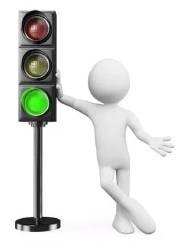 3d white people. green traffic light Stock Illustration