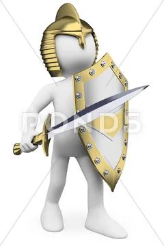 3d white people. knight with sword helmet and shield Stock Illustration
