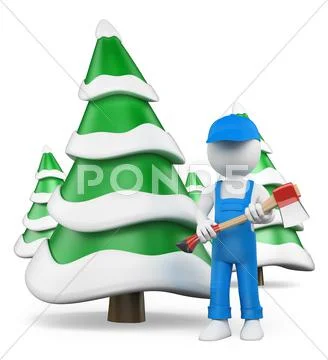 3d white people. lumberjack with axe at snow covered fir forest Stock Illustration