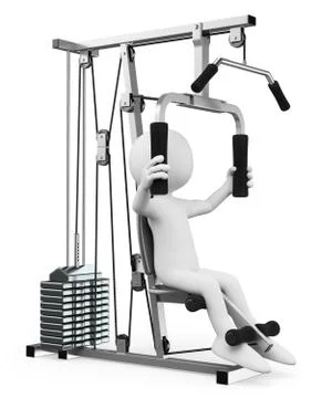 3d white people. man exercising in a weight machine Illustrazione stock