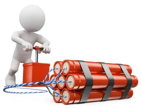 3D white people. Man exploding a bomb with a detonator Stock Illustration