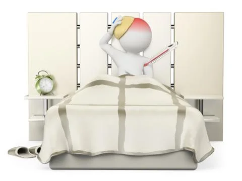 3D white people. Man lying in bed with flu and fever Stock Illustration