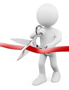 3D white people. Man with scissors cutting red ribbon Stock Illustration