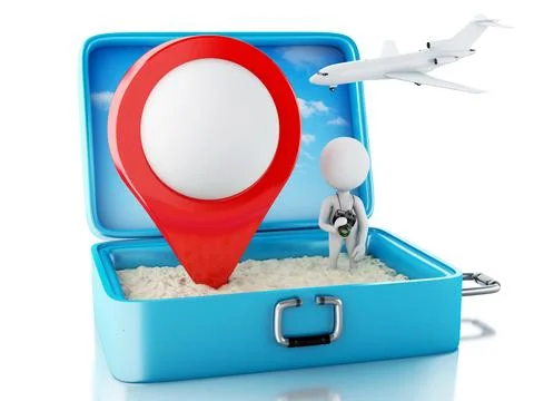 3d white people with map pointer in a travel suitcase 스톡 사진