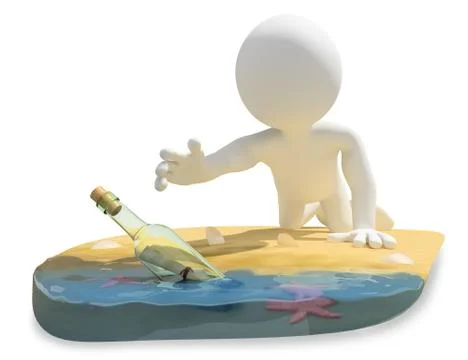 3D white people. Message in a bottle on the beach Stock Illustration