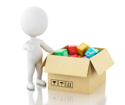 3d White people with Mobile applications software in cardboard box. イラスト素材