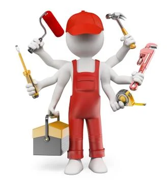 3D white people. Multitasking handyman Stock Illustration