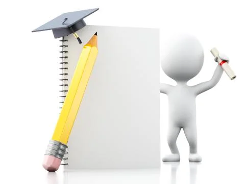 3D white people with notepad and school objects Stock Illustration
