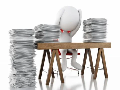 3d White people Overworked with stack of documents. 库存插图
