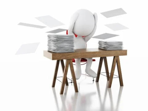 3d White people Overworked with stack of documents. 库存插图