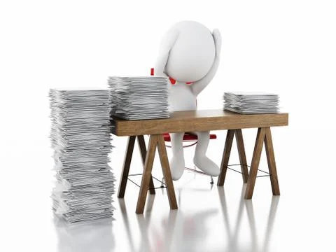 3d White people Overworked with stack of documents. Stock Illustration