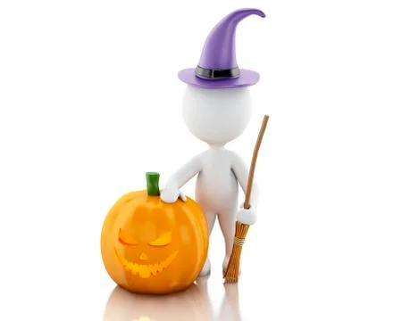 3d White people with pumpkin, witch hat and broom. Illustrazione stock