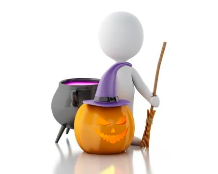 3d White people with pumpkin, witch hat, broom and witch pot. Illustrazione stock
