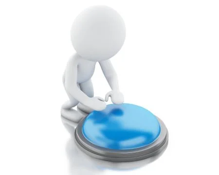 3d white people push blue button. Illustrazione stock