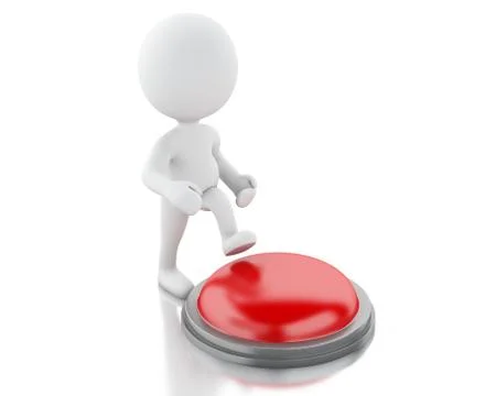3d white people push red button. Stock Illustration