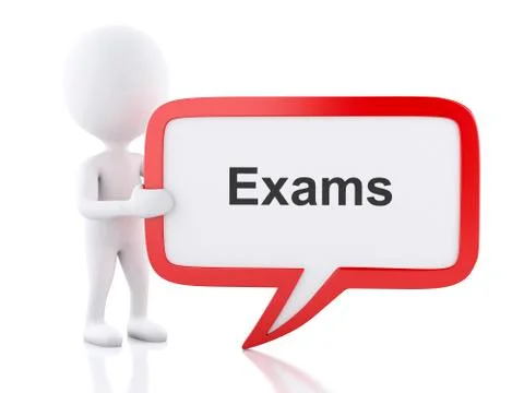 3d White people with speech bubble that says Exams. Stock Illustration