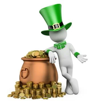 3d white people. st patricks day. leprechaun with pot with gold coins Stock Illustration