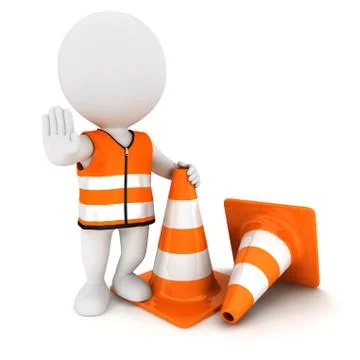 3d white people stop sign with traffic cones Stock Illustration