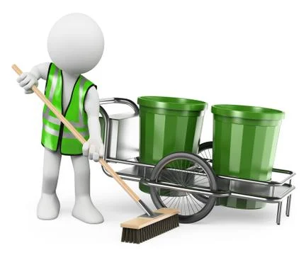 3D white people. Sweeper working with his broom Stock Illustration