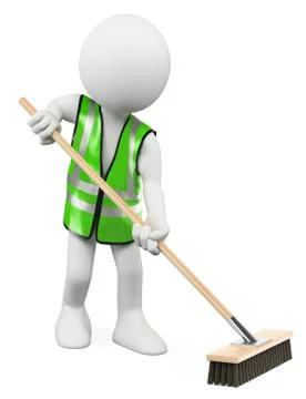 3D white people. Sweeper working with his broom Stock Illustration