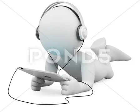 3d white people. tablet and headphones Stock Illustration