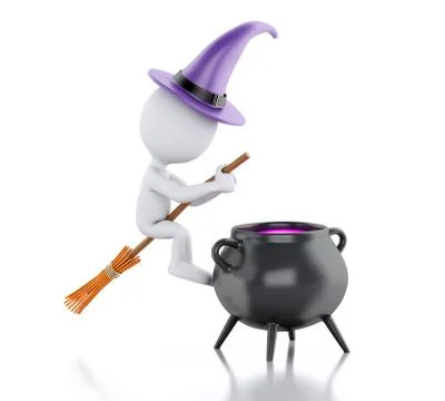 3d White people with witch hat, broom and pot. Halloween concept. Stock Illustration