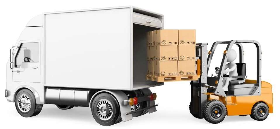3d white people. worker loading a truck with a forklift Stock Illustration