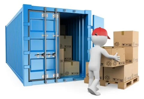 3D white people. Worker unloading a container Stock Illustration