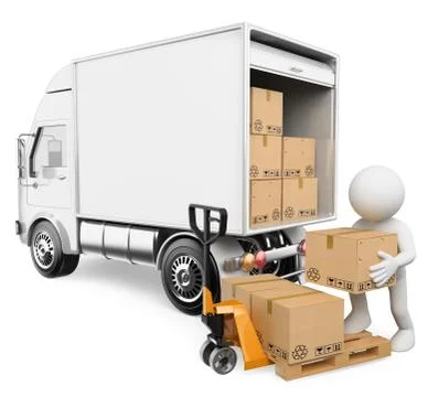 3D white people. Worker unloading boxes from a truck Stock Illustration