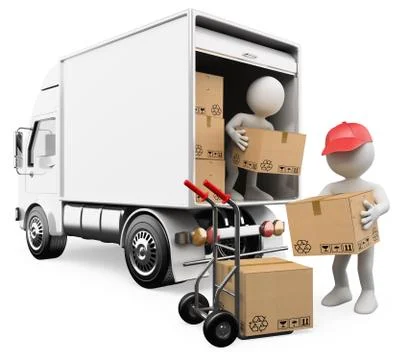 3d white people. workers unloading boxes from a truck Stock Illustration
