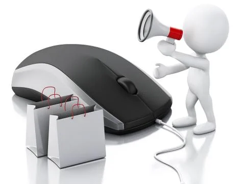 3d white person with computer mouse. E-commerce concept Illustrazione stock