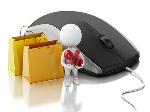 3d white person with computer mouse. E-commerce concept Illustrazione stock