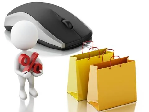3d white person with computer mouse. E-commerce concept Illustrazione stock
