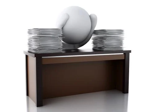 3d White person Overworked with stack of documents. Stock Illustration