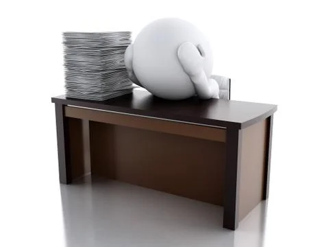 3d White person Overworked with stack of documents. Stock Illustration