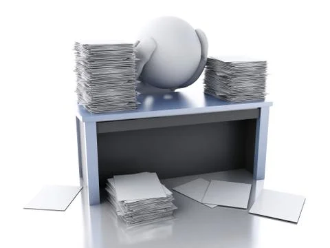 3d White person Overworked with stack of documents. Illustrazione stock