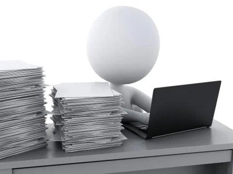 3d White person Overworked with stack of documents. Stock Illustration