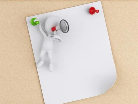 3d white person with post-it notes over cork board. Illustrazione stock